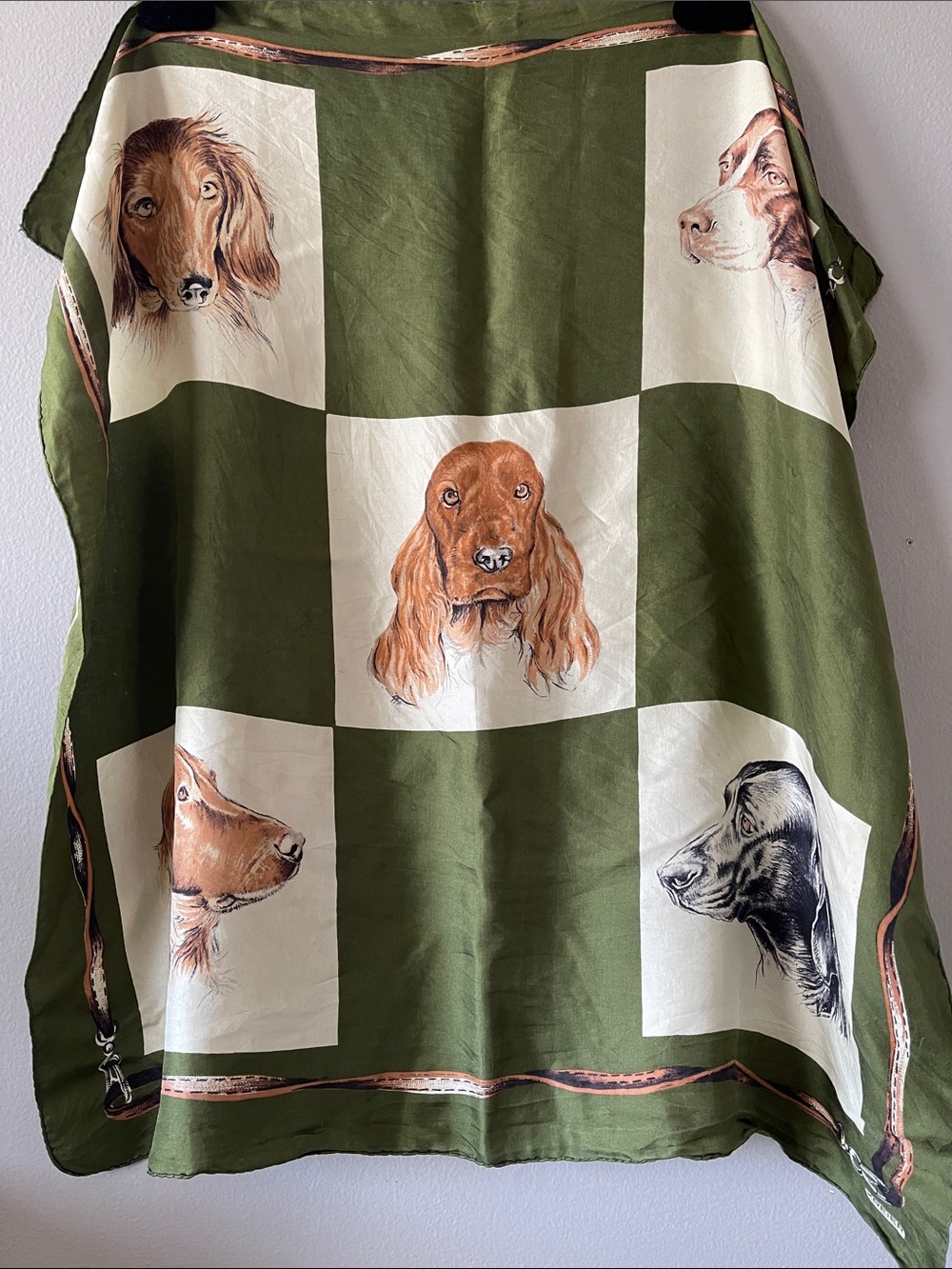 Vintage KERIER silk Olive Green Dog Portraits Square Scarf